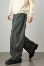 Men's Wool Blend High Waist Double Pleat Wide Leg Belted Straight Hem Trousers
