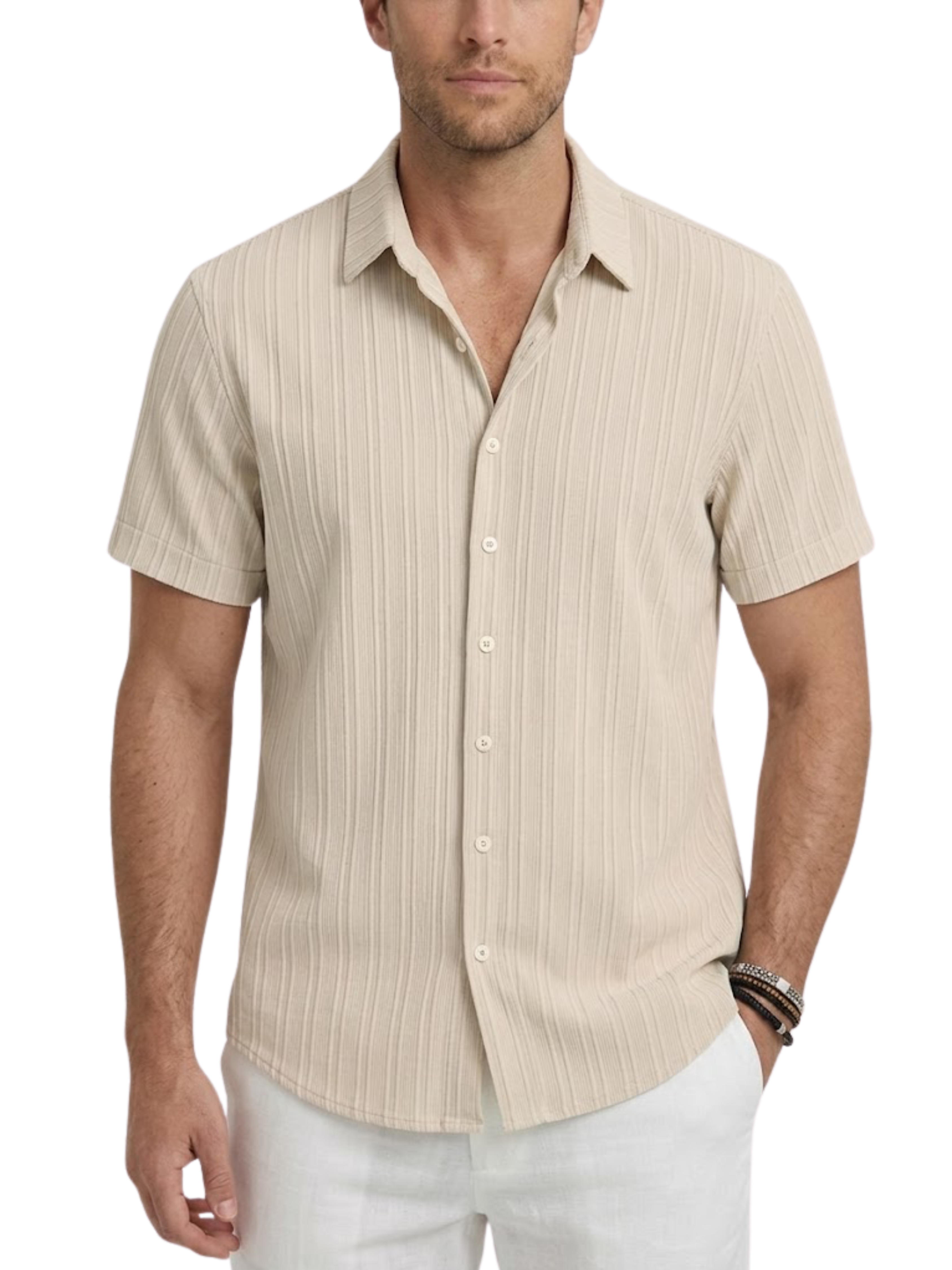 Men's Woven Tonal Vertical Stripe Short Sleeve Point Collar Contrast Button Curved Hem Shirt