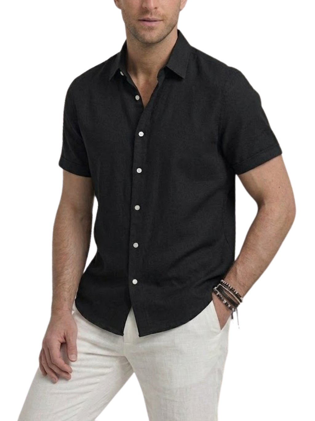 Men's Woven Tonal Vertical Stripe Short Sleeve Point Collar Contrast Button Curved Hem Shirt