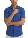 Men's Woven Tonal Vertical Stripe Short Sleeve Point Collar Contrast Button Curved Hem Shirt