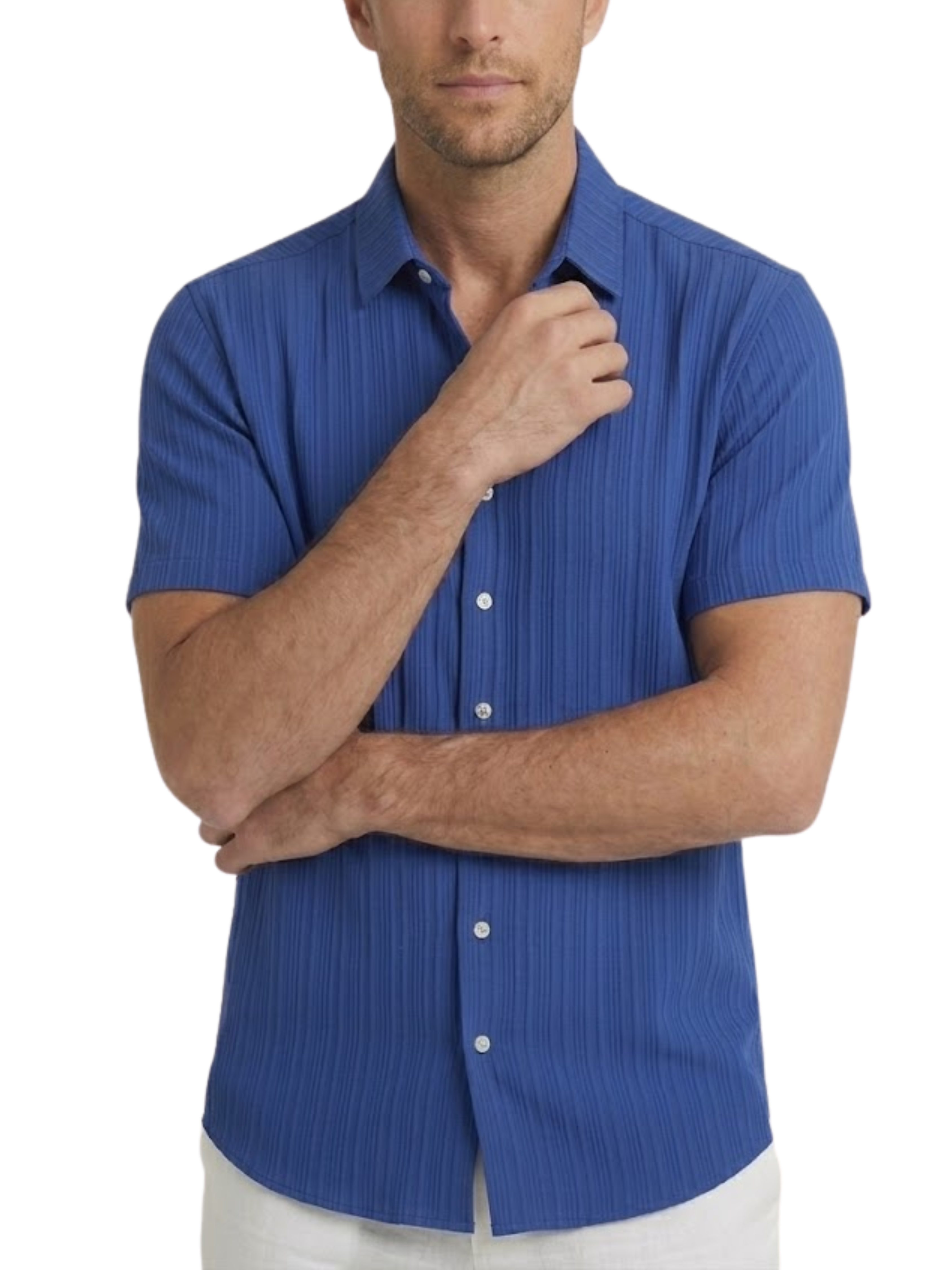 Men's Woven Tonal Vertical Stripe Short Sleeve Point Collar Contrast Button Curved Hem Shirt