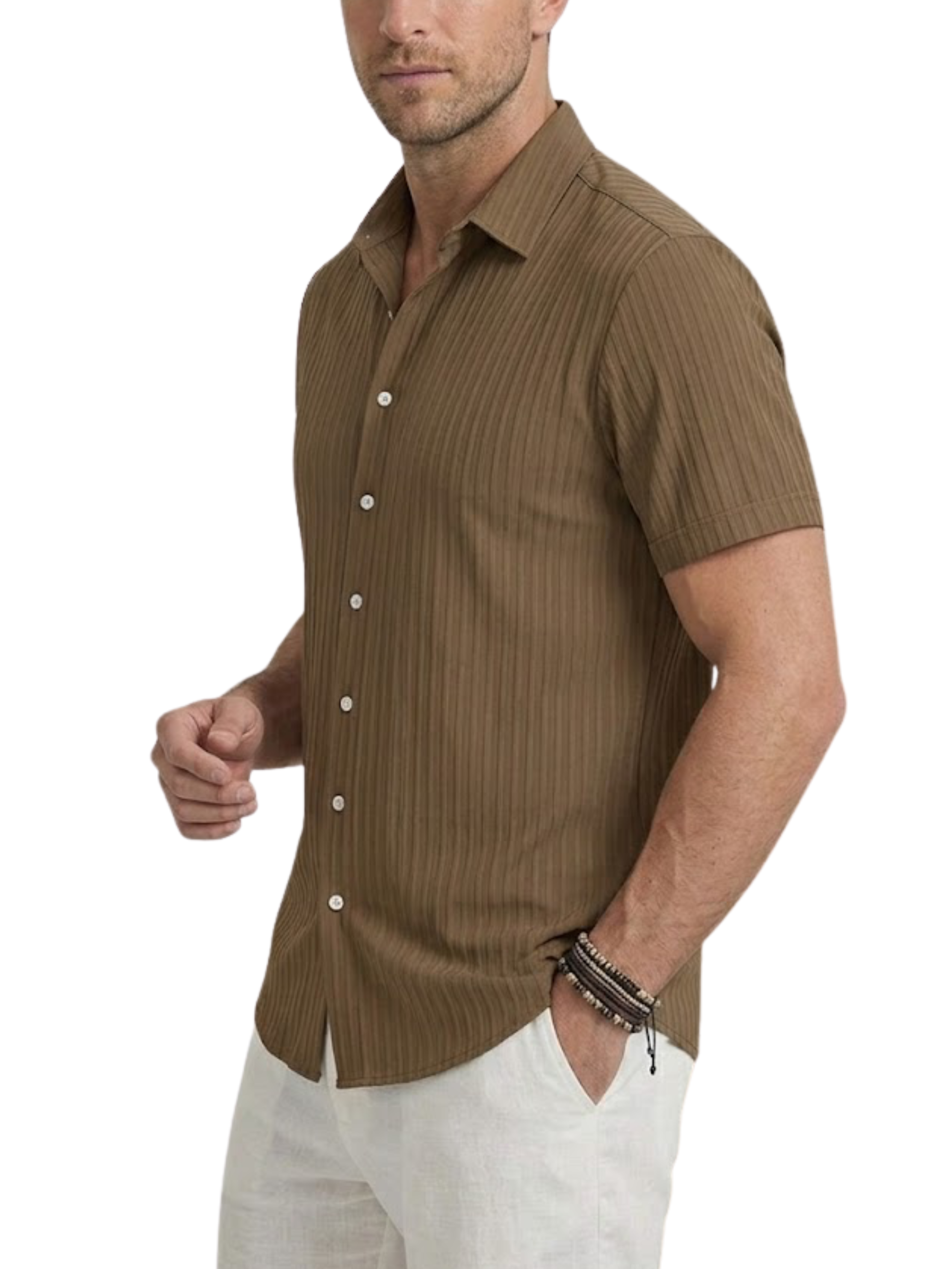 Men's Woven Tonal Vertical Stripe Short Sleeve Point Collar Contrast Button Curved Hem Shirt