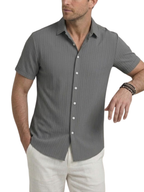 Men's Woven Tonal Vertical Stripe Short Sleeve Point Collar Contrast Button Curved Hem Shirt
