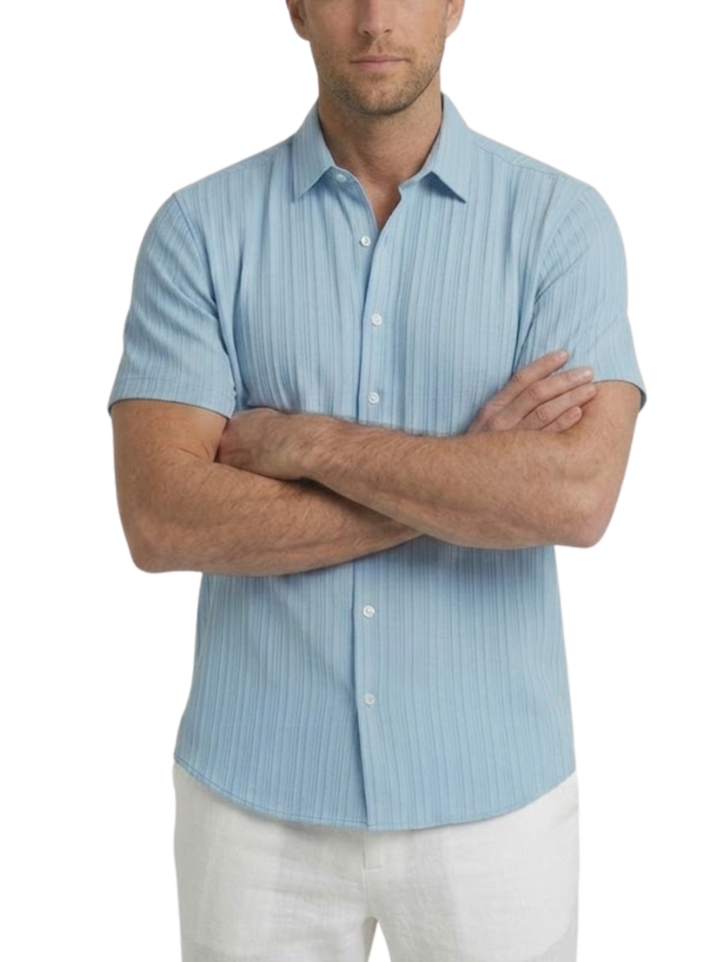Men's Woven Tonal Vertical Stripe Short Sleeve Point Collar Contrast Button Curved Hem Shirt