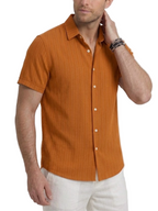 Men's Woven Tonal Vertical Stripe Short Sleeve Point Collar Contrast Button Curved Hem Shirt