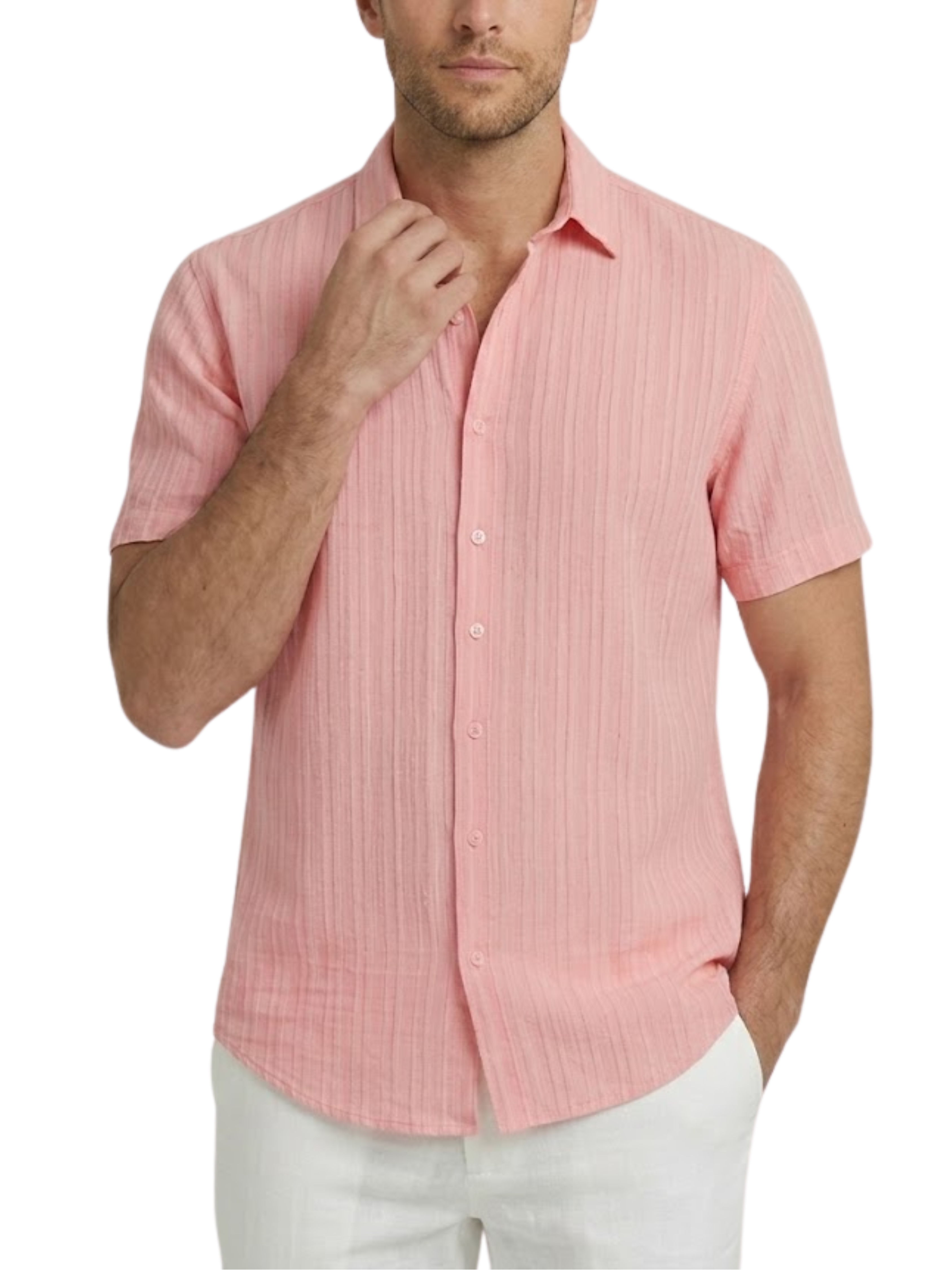 Men's Woven Tonal Vertical Stripe Short Sleeve Point Collar Contrast Button Curved Hem Shirt