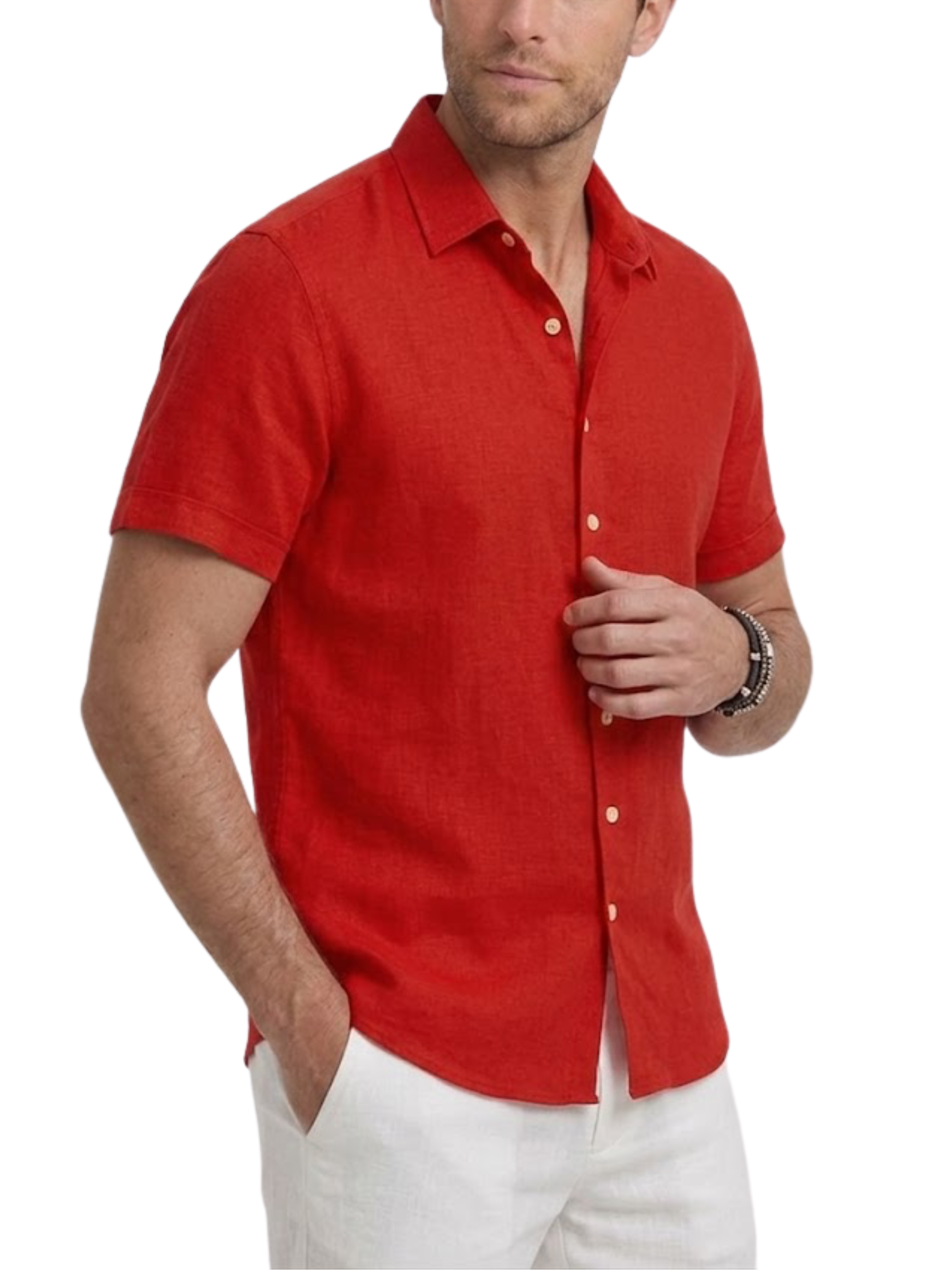 Men's Woven Tonal Vertical Stripe Short Sleeve Point Collar Contrast Button Curved Hem Shirt