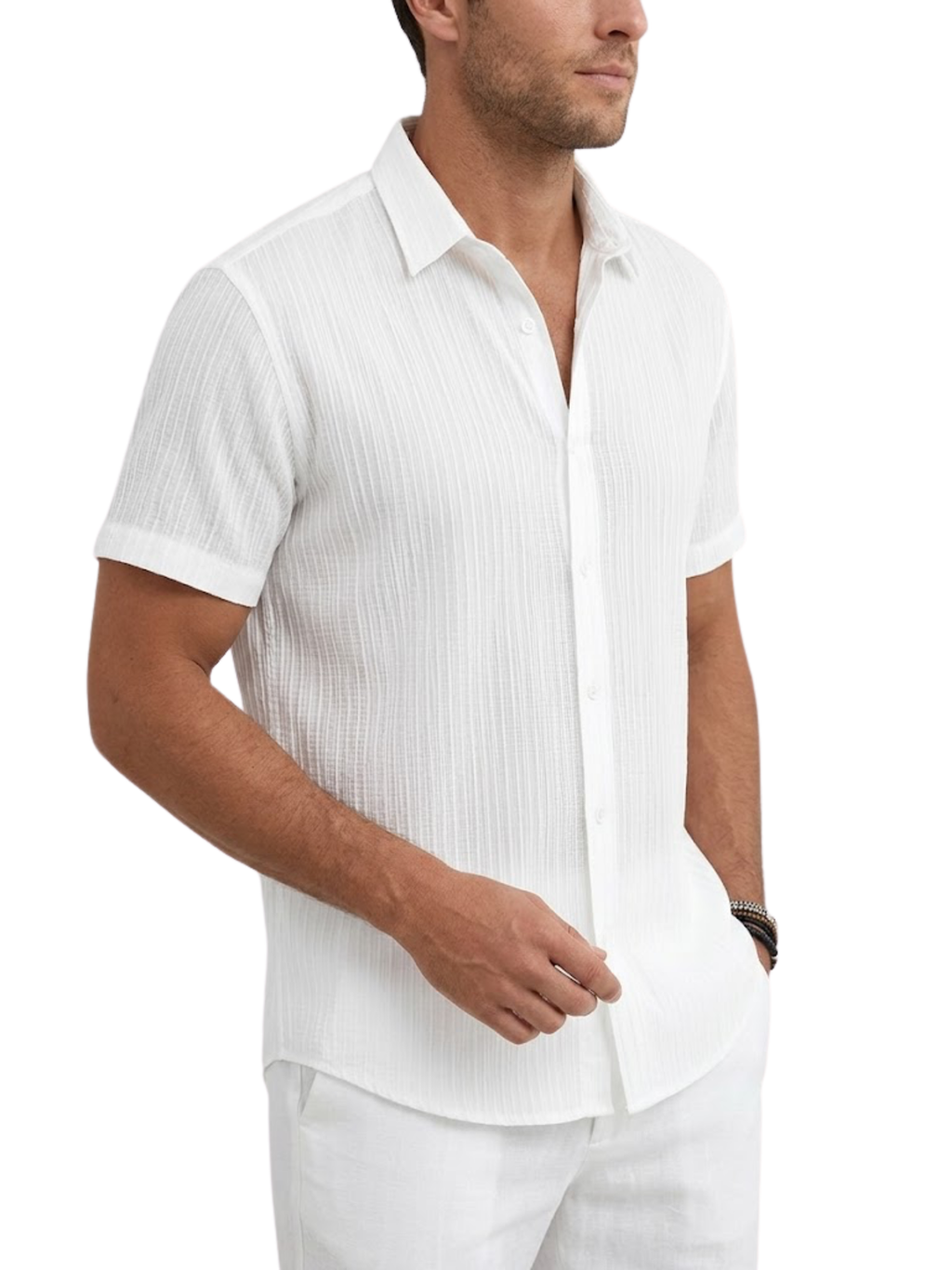 Men's Woven Tonal Vertical Stripe Short Sleeve Point Collar Contrast Button Curved Hem Shirt