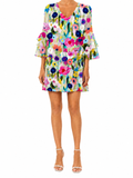 Women's Abstract Wildflower Meadow Print V-Neck Three-Quarter Tiered Ruffle Cuff Sleeve Relaxed Fit Mini Dress