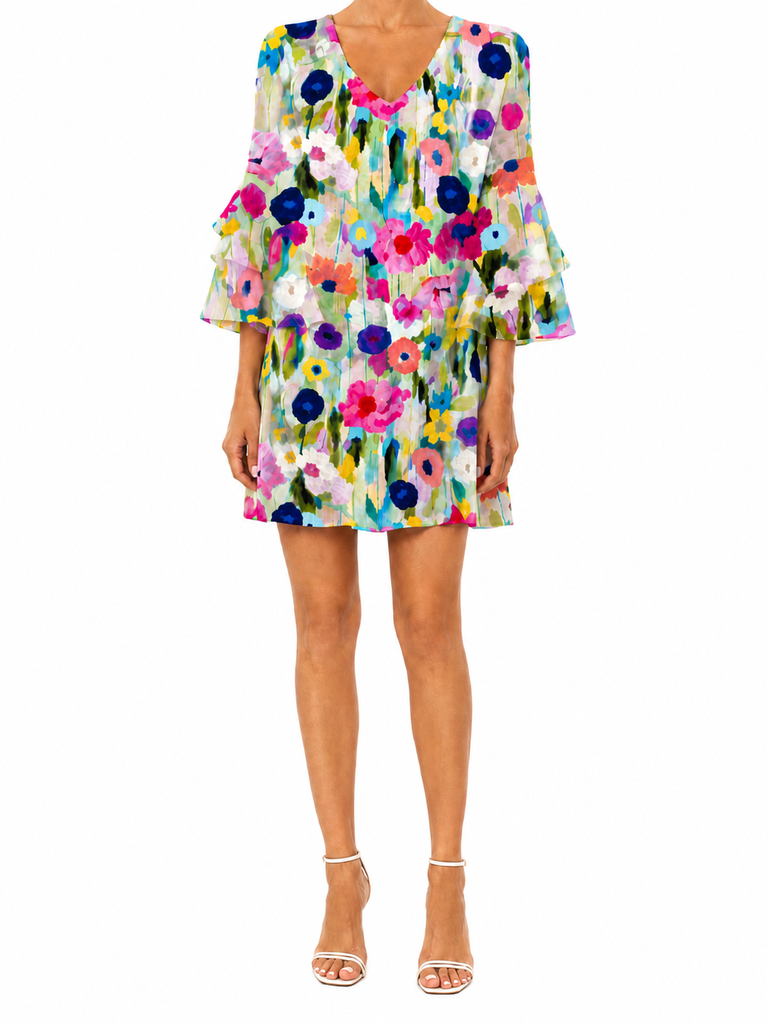 Women's Abstract Wildflower Meadow Print V-Neck Three-Quarter Tiered Ruffle Cuff Sleeve Relaxed Fit Mini Dress