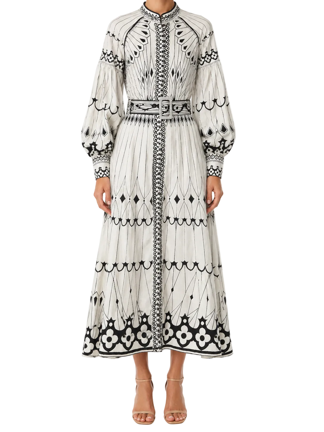 Women's Art Deco Geometric Ornamental Print Long Bishop Sleeve High Stand Collar Button-Front Self-Belt Waist Border Hem A-Line Midi Dress