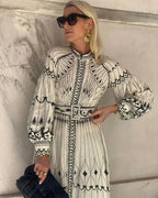 Women's Art Deco Geometric Ornamental Print Long Bishop Sleeve High Stand Collar Button-Front Self-Belt Waist Border Hem A-Line Midi Dress