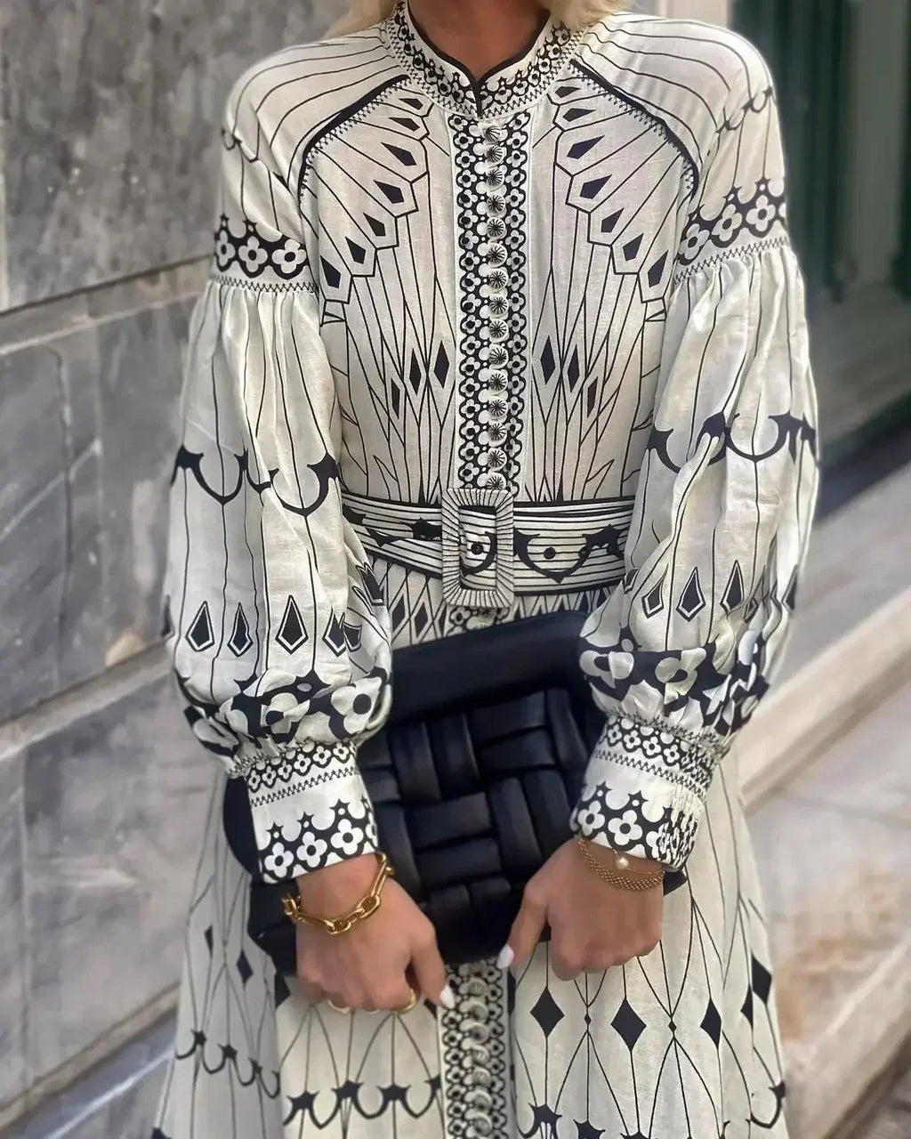 Women's Art Deco Geometric Ornamental Print Long Bishop Sleeve High Stand Collar Button-Front Self-Belt Waist Border Hem A-Line Midi Dress