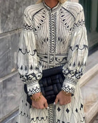 Women's Art Deco Geometric Ornamental Print Long Bishop Sleeve High Stand Collar Button-Front Self-Belt Waist Border Hem A-Line Midi Dress