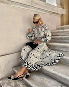 Women's Art Deco Geometric Ornamental Print Long Bishop Sleeve High Stand Collar Button-Front Self-Belt Waist Border Hem A-Line Midi Dress