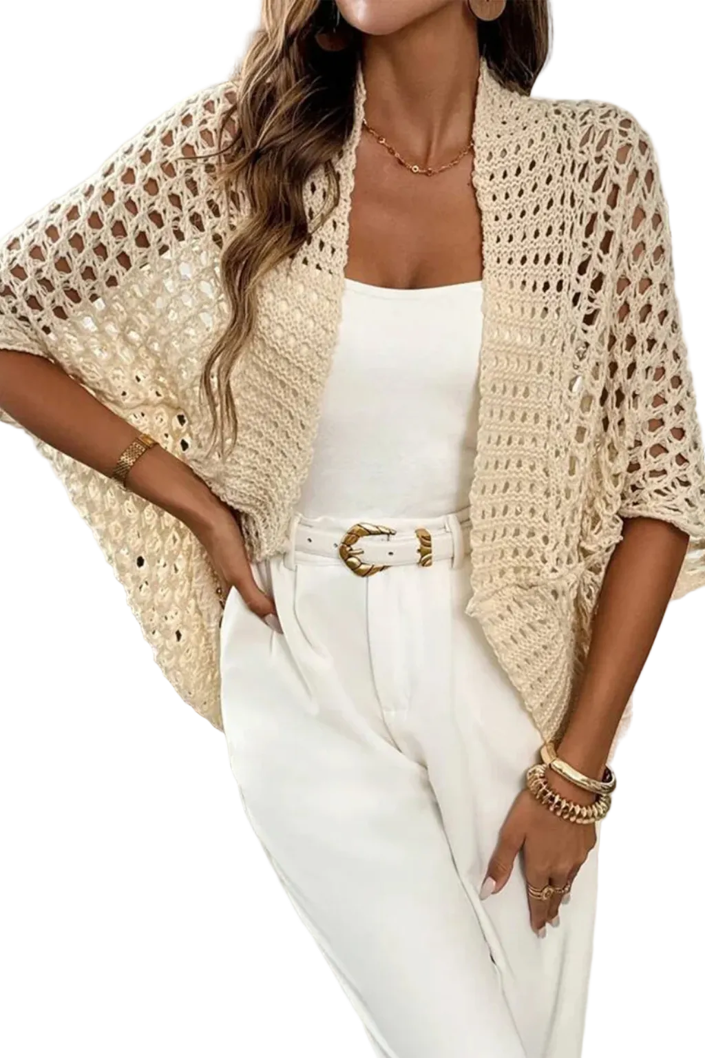 Women's Crochet Knit Open Front Wide Short Sleeve Cropped Layering Cardigan