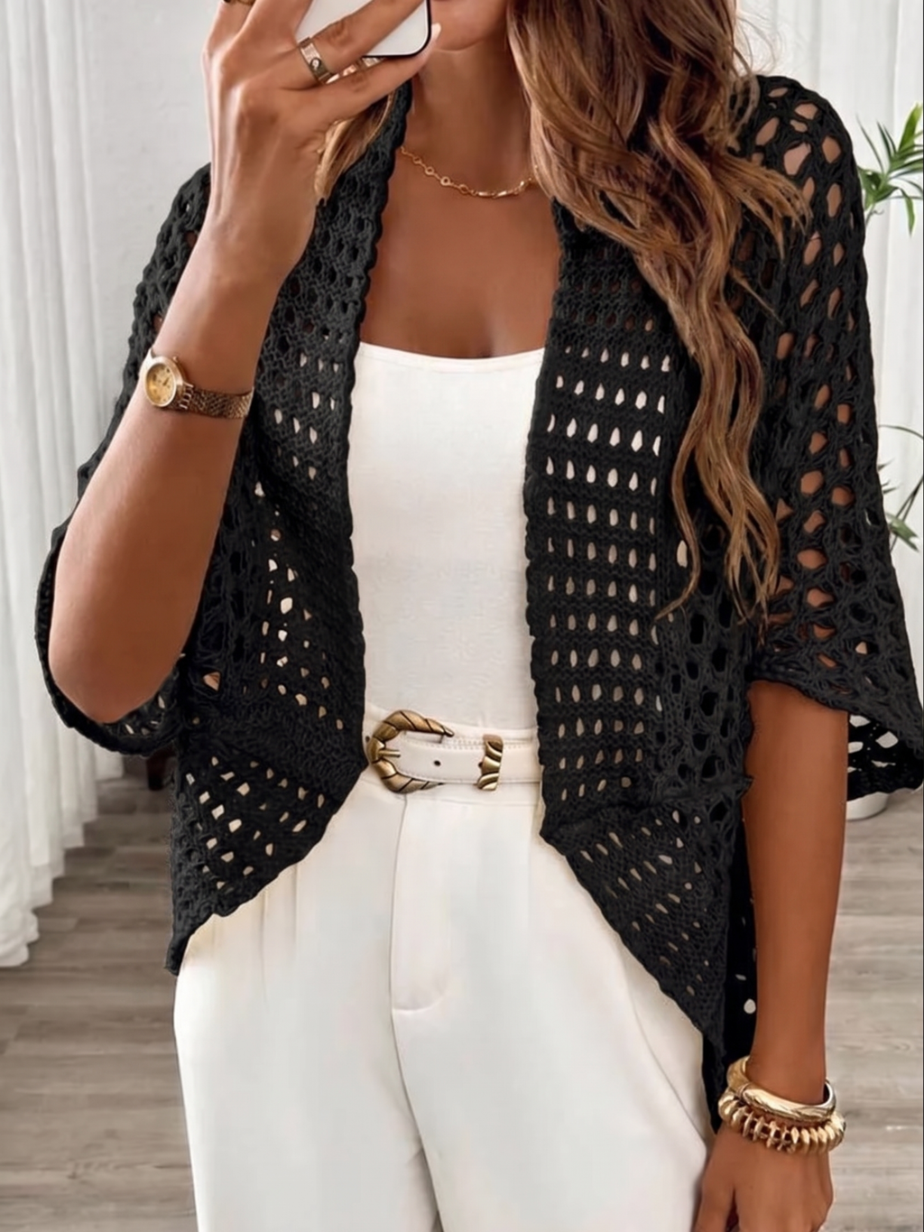 Women's Crochet Knit Open Front Wide Short Sleeve Cropped Layering Cardigan