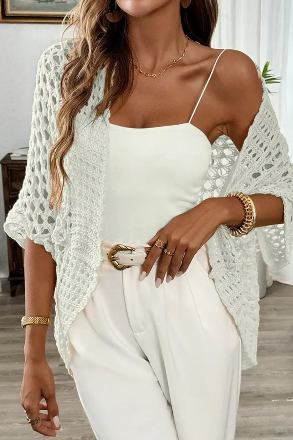 Women's Crochet Knit Open Front Wide Short Sleeve Cropped Layering Cardigan