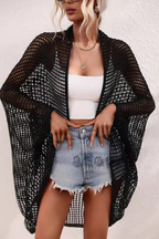 Women's Open Knit Grid Crochet Open Front Long Wide Batwing Sleeve Longline Cardigan Cover Up