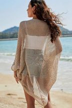 Women's Open Knit Grid Crochet Open Front Long Wide Batwing Sleeve Longline Cardigan Cover Up