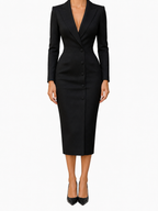 Women's Plain Tailored Long Sleeve Peak Lapel Double-Breasted Button Front Fitted Pencil Midi Blazer Dress