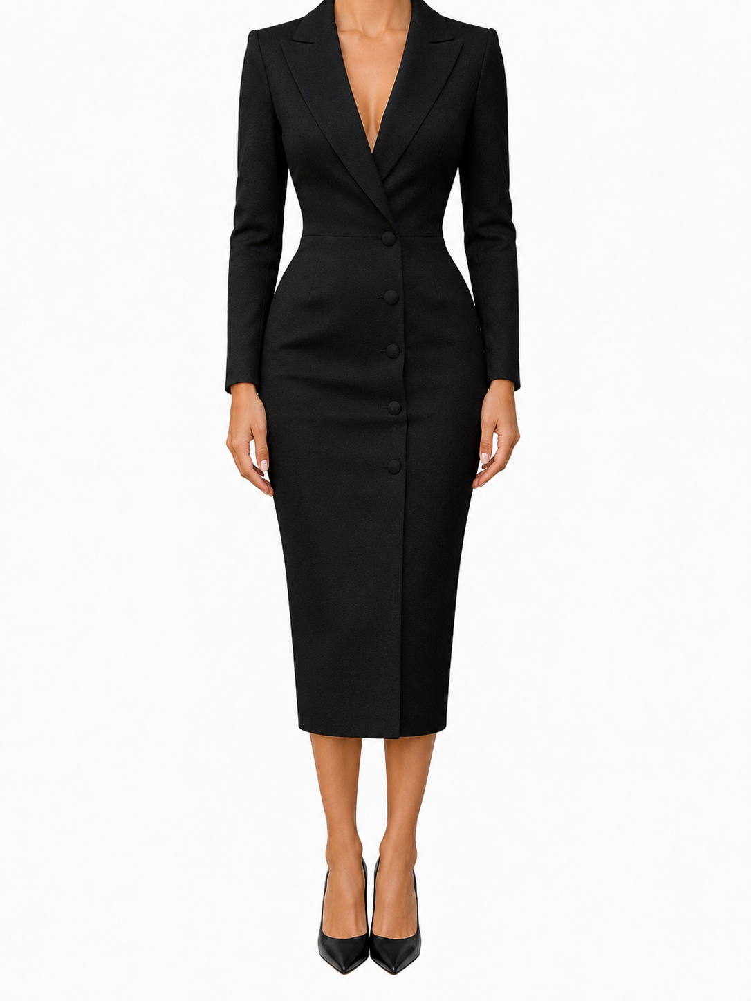 Women's Plain Tailored Long Sleeve Peak Lapel Double-Breasted Button Front Fitted Pencil Midi Blazer Dress