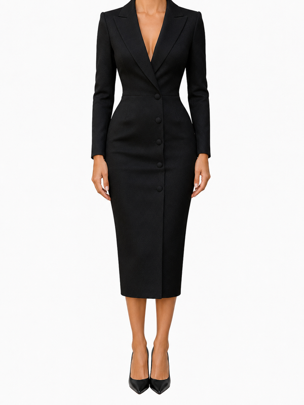 Women's Plain Tailored Long Sleeve Peak Lapel Double-Breasted Button Front Fitted Pencil Midi Blazer Dress