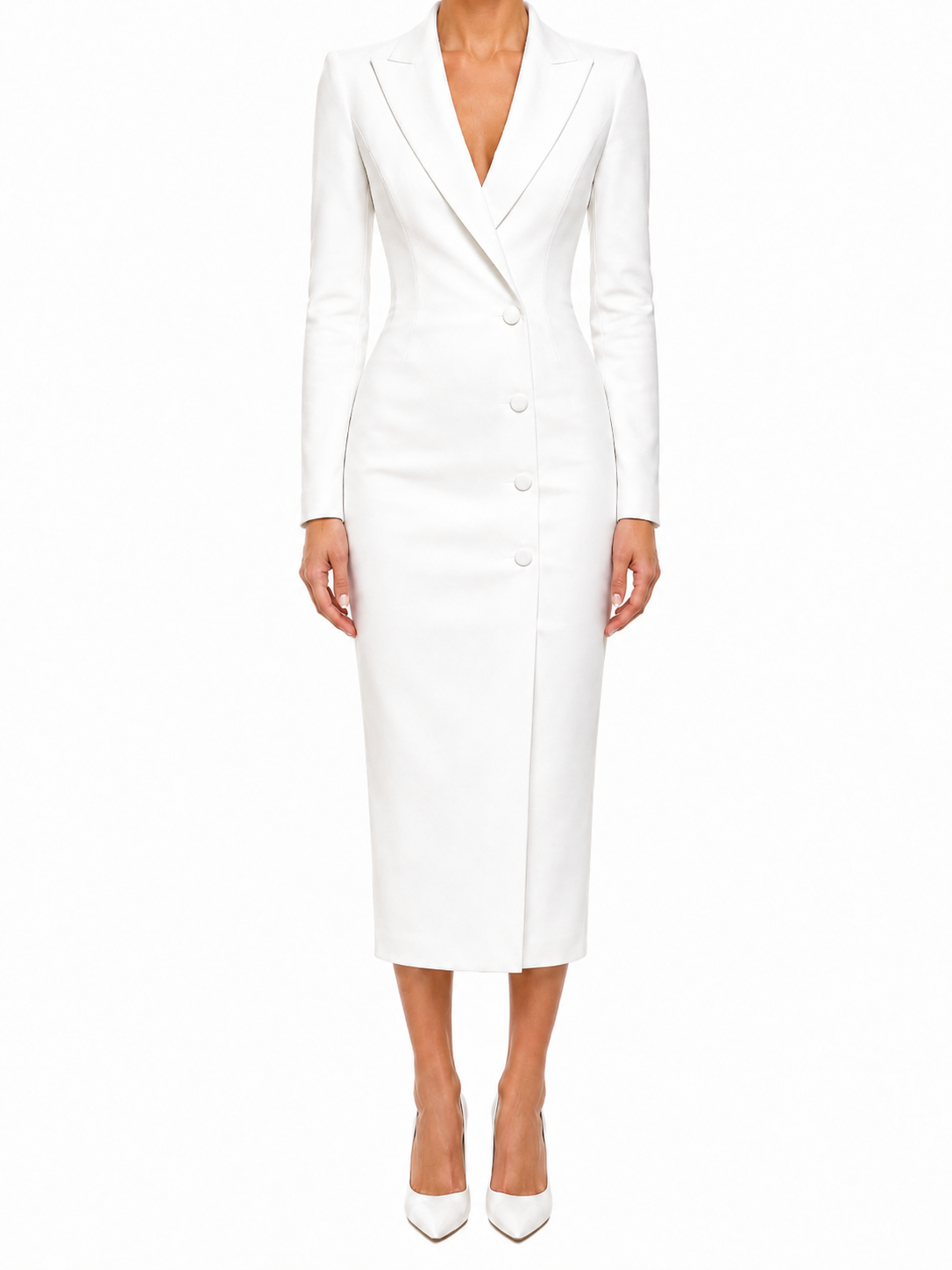 Women's Plain Tailored Long Sleeve Peak Lapel Double-Breasted Button Front Fitted Pencil Midi Blazer Dress
