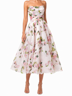 Women's Sheer Organza Large Scale Painterly Rose Print Spaghetti Strap Draped Straight Neckline Fitted Bodice Full Pleated A-Line Midi Dress