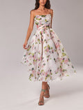 Women's Sheer Organza Large Scale Painterly Rose Print Spaghetti Strap Draped Straight Neckline Fitted Bodice Full Pleated A-Line Midi Dress