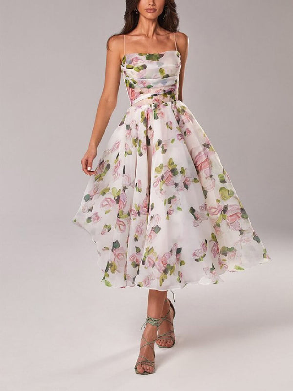 Women's Sheer Organza Large Scale Painterly Rose Print Spaghetti Strap Draped Straight Neckline Fitted Bodice Full Pleated A-Line Midi Dress