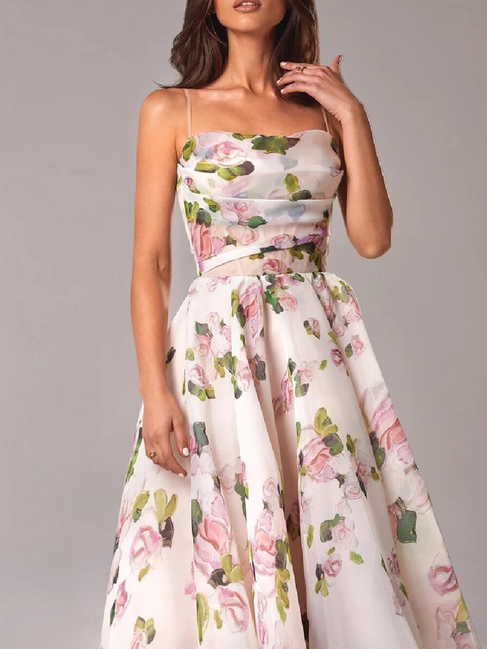 Women's Sheer Organza Large Scale Painterly Rose Print Spaghetti Strap Draped Straight Neckline Fitted Bodice Full Pleated A-Line Midi Dress