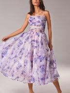 Women's Sheer Organza Large Scale Painterly Rose Print Spaghetti Strap Draped Straight Neckline Fitted Bodice Full Pleated A-Line Midi Dress