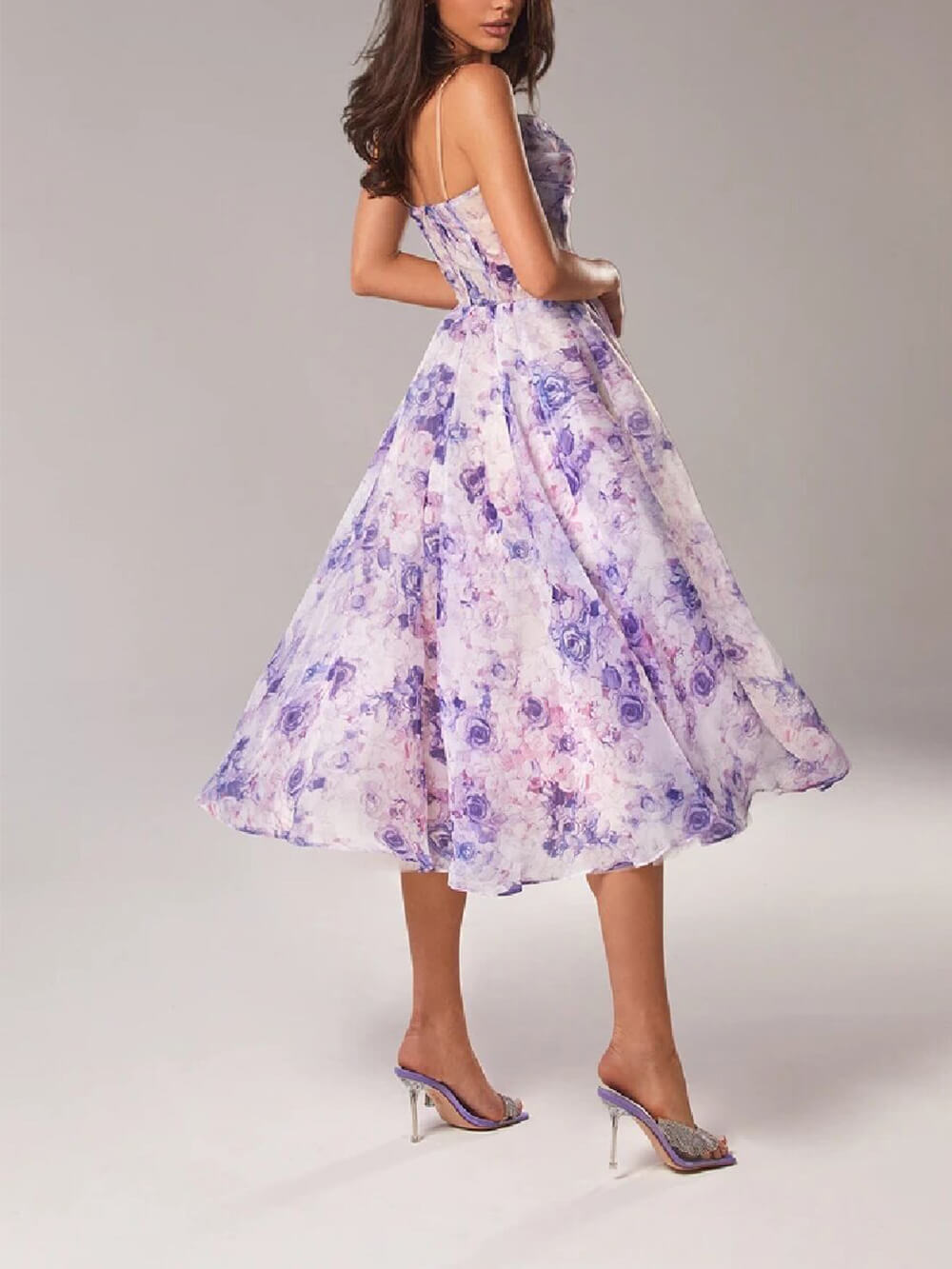 Women's Sheer Organza Large Scale Painterly Rose Print Spaghetti Strap Draped Straight Neckline Fitted Bodice Full Pleated A-Line Midi Dress