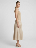 Women's Sleeveless Scoop Neck Ribbed Bodice Gathered Skirt Midi Dress