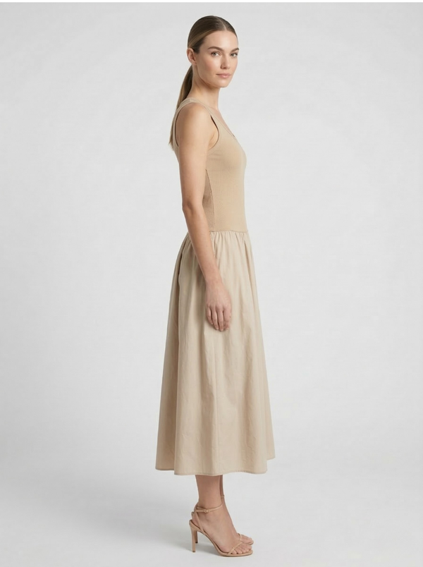 Women's Sleeveless Scoop Neck Ribbed Bodice Gathered Skirt Midi Dress